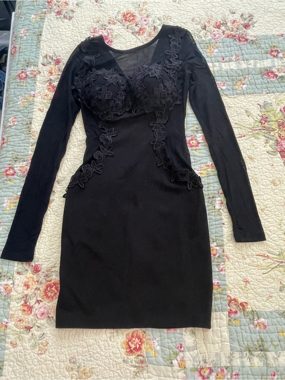 Papaya Black Long Sleeve Lace-Applique Bodycon Dress